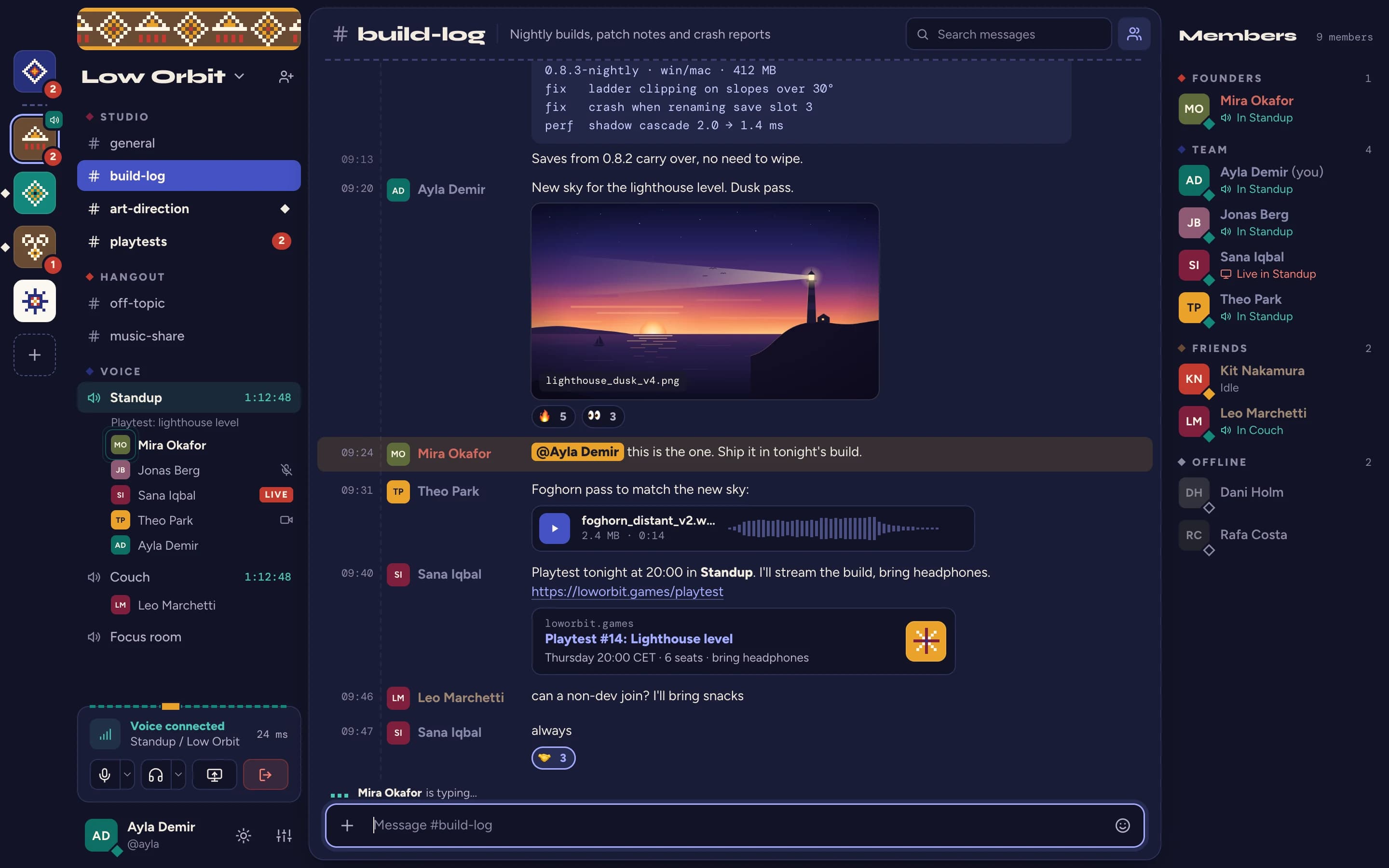 The Otag app on a server called Low Orbit: a woven banner over the channel list, a chat laid out as a ledger with an image, a sound file and a link preview, and the members grouped by role.